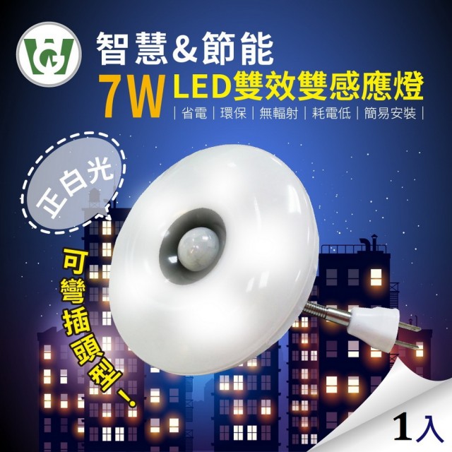 【U want】7W大照明LED 雙效雙感應燈(可彎插頭型正白光)