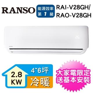 【RANSO 聯碩★滿額登記送MO幣】獨家★4-6坪 一級變頻冷暖分離式(RAI-V28GH/RAO-V28GH)