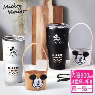 【Disney 迪士尼_買1送1】經典米奇 #304不鏽鋼內瓷真空冰霸保冰杯900ml(加贈手提杯套)