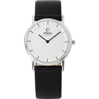 【OBAKU】纖薄哲學二針時尚腕錶-黑帶銀框白/皮帶/小(V143LCWRB)