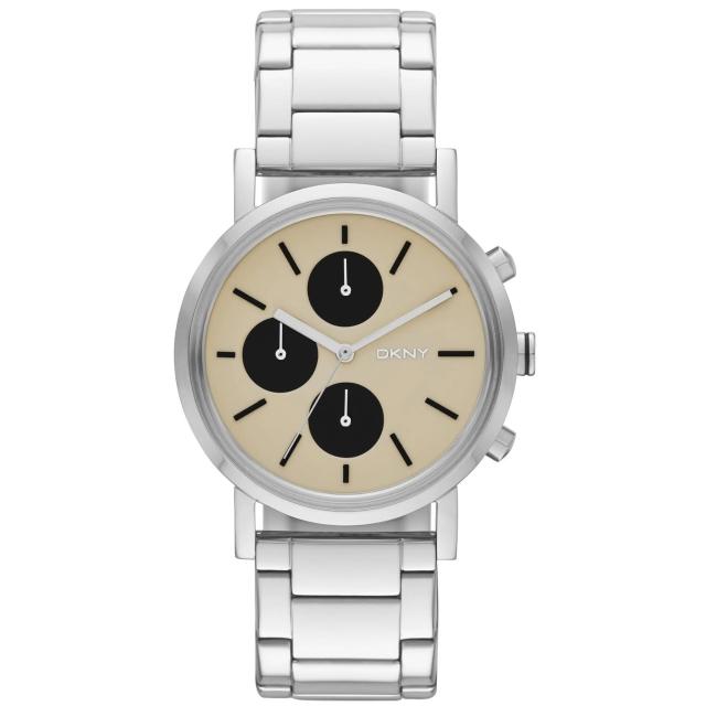 【DKNY】搶眼定番都會三眼時尚腕錶-卡其x銀(NY2156)