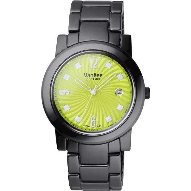 【Vaness】誘惑圓舞曲陶瓷腕錶-綠面黑(V301B2)