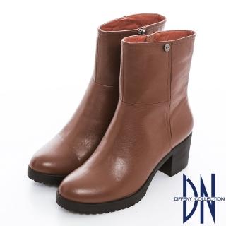 【DN】歐美主流 質感素面全真皮簡約粗跟短靴(棕)