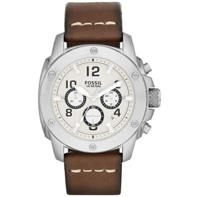 【FOSSIL】爭鋒時刻計時腕錶-銀框白x咖啡帶(FS4929)