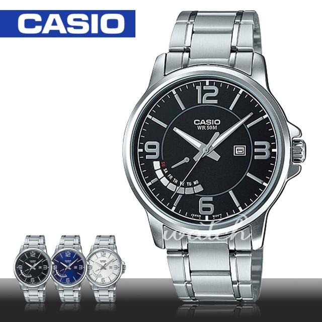 【CASIO 卡西歐】簡單時尚_不鏽鋼黑面指針男錶(MTP-E124D)
