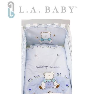 【美國 L.A. Baby】田園巴黎純棉五件式寢具組（S）(MIT 藍色)
