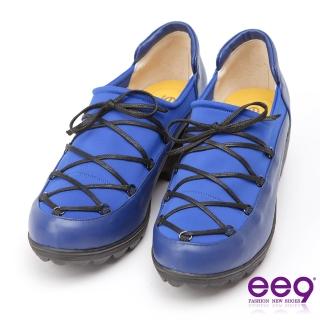 【ee9】ee9 MIT經典手工-率性風格靚亮異材質併接繫帶休閒跟鞋-藍色(休閒跟鞋)