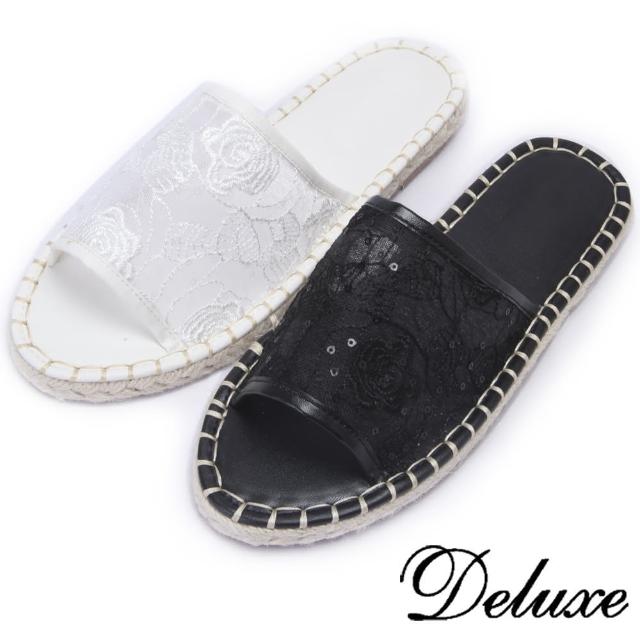 【Deluxe】蕾絲網紗草編涼拖鞋(白★黑)