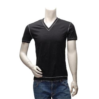 【DOLCE & GABBANA】經典款縫線飾邊V領短袖純棉素面T恤(黑M14807-N0000-BLK)