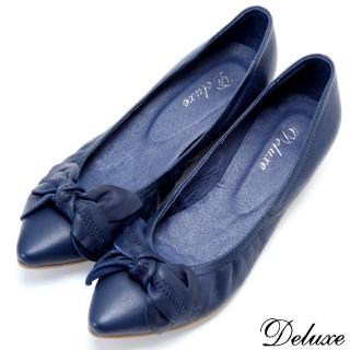 【Deluxe】全真皮魅惑蝴蝶藍小坡跟尖頭包鞋(藍)
