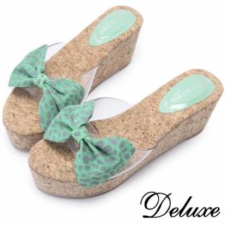【Deluxe】綠豹紋透膚邊楔型涼跟鞋(綠色)