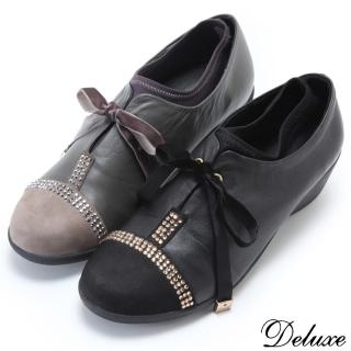 【Deluxe】全真皮酷帥時尚水鑽綁帶厚底鞋(黑-灰)
