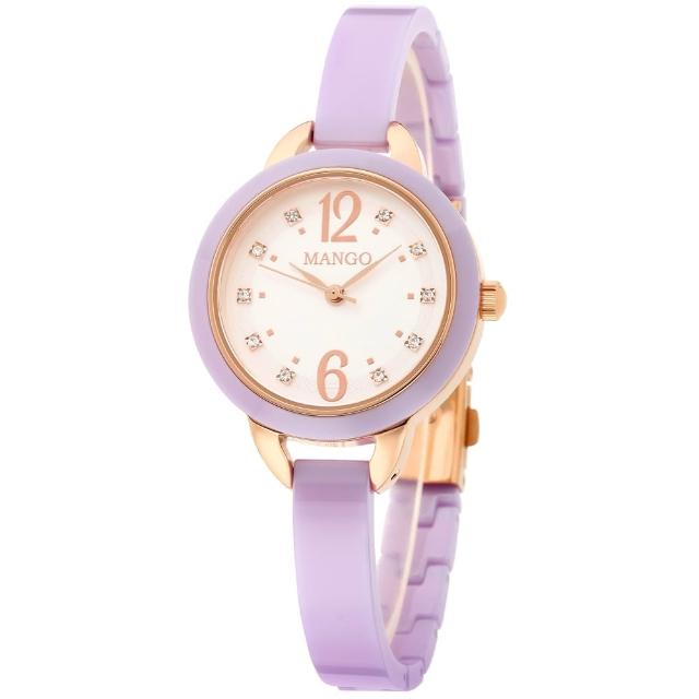 【MANGO】可愛甜心晶鑽陶瓷腕錶-MA6717L-77(紫x玫瑰金/30mm)