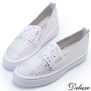 【Deluxe】全真皮個性時尚閃亮水鑽厚底休閒鞋(白)