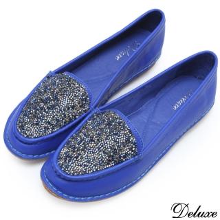 【Deluxe】全真皮質感水鑽精緻軟Q包鞋(藍)