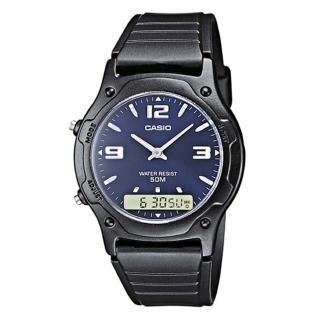 【CASIO】酷炫黑金雙顯腕錶-藍面(AW-49HE-2A)