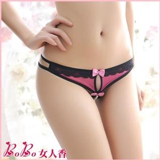 【BoBo女人香】甜美蕾絲邊性感珍珠摩擦開檔情趣內褲-低腰丁字褲(玫瑰粉)