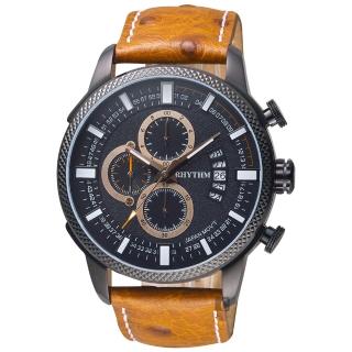 【RHYTHM 麗聲】大自然系列三眼計時手錶-黑x咖啡錶帶/46mm(SI1607L03)