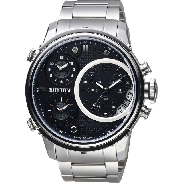 【RHYTHM 麗聲】三地時區石英手錶-黑x銀/47mm(I1502S02)