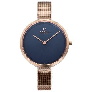 【OBAKU】首席極簡主義曲線腕錶-玫瑰金X藍色(V227LXVLMV)