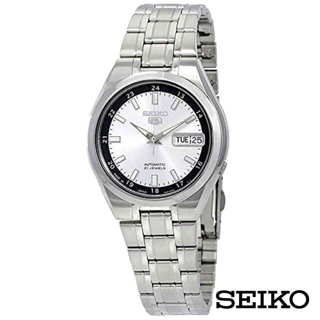 【SEIKO 精工】經典5號自動上鍊機械腕錶-銀面黑框x36.5mm(SNKG19J1)