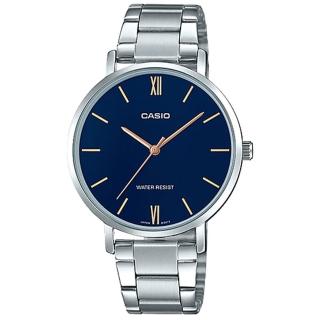 【CASIO 卡西歐】簡約指針女錶 不鏽鋼錶帶 藍色錶面 日常生活防水(LTP-VT01D-2B)