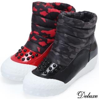 【Deluxe】混搭材質時尚個性鉚釘輕柔保暖迷彩太空鞋(紅★黑)