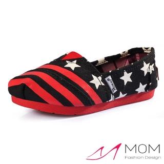 【MOM】美式潮流休閒舒適帆布鞋 懶人樂福鞋 親子童鞋(黑星紅條)