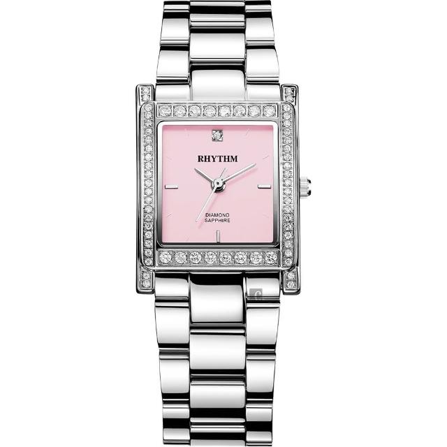 【RHYTHM 麗聲】古典方型晶鑽女錶-粉紅x銀/23mm(L1204S02)