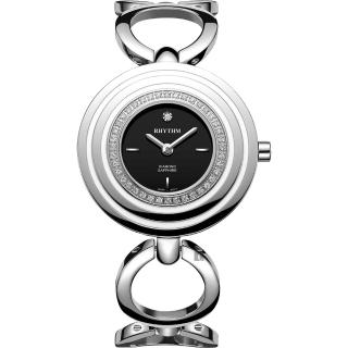【RHYTHM 麗聲】同心圓晶鑽手鍊女錶-黑x銀/34mm(L1302S02)