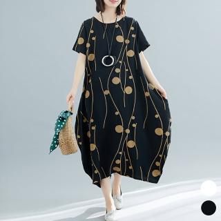 【ACheter】希臘風情星球印花浪漫五分袖棉麻洋裝#104003(2色)