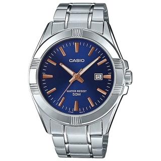 【CASIO 卡西歐】潮流大器不鏽鋼日期顯示指針紳士錶-藍面X玫瑰金刻度(MTP-1308D-2A)