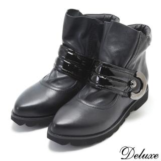 【Deluxe】全真皮率性簡約百搭厚底尖頭短靴(黑)