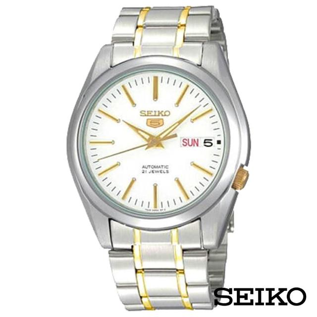 【SEIKO 精工】半金經典5號自動上鍊機械腕錶-白+金x37mm(SNKL47J1)