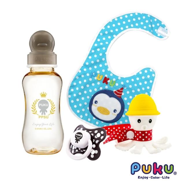 【PUKU藍色企鵝】PPSU標準奶瓶280ML+拇指型較大安撫奶嘴+Octopus固齒器+派對雙層圍兜(顏色依圖為主)