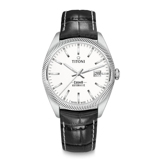 【TITONI 梅花錶】宇宙系列 878 S-ST-606 白錶盤/黑色皮帶/41mm(878 S-ST-606)