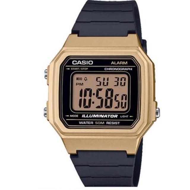 【CASIO 卡西歐】方形機能性設計感電子錶-金框(W-217HM-9A)