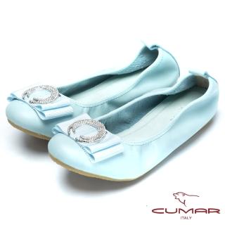 【CUMAR】舒適真皮圓形水鑽裝飾真皮莫卡辛鞋(淺藍色)