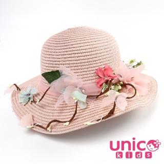 【UNICO】兒童 時尚媽咪最愛夏季女童可折疊遮陽帽/草帽/沙灘帽-粉圓邊花朵(配件/飾品)