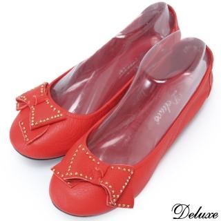 【Deluxe】全真皮軟Q鉚釘蝴蝶結摺疊口袋鞋(橘紅)