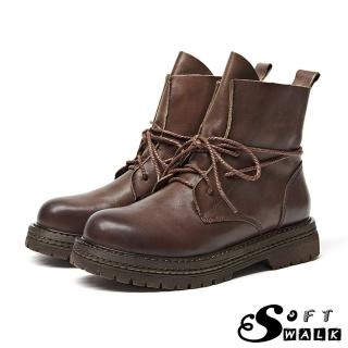 【SOFT WALK 舒步】真皮手工頭層牛皮復古臘繩綁帶造型馬丁靴(棕)