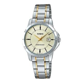 【CASIO 卡西歐】CASIO 簡約時尚指針女錶 不鏽鋼錶帶 鵝黃 日期顯示 生活防水(LTP-V004SG-9A)