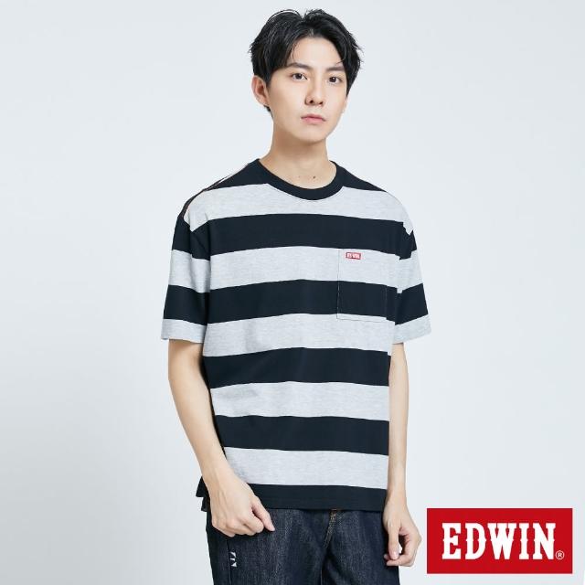 【EDWIN】男裝 寬版條紋貼袋T恤(黑色)