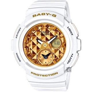 【CASIO 卡西歐】Baby-G 鉚釘時尚兩地時間錶-香檳金x白(BGA-195M-7ADR)