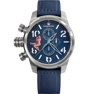 【elegantsis】JF48QS機頭藝術-女郎三眼計時手錶-藍/48mm 女王節(ELJF48QS-OU02LC)