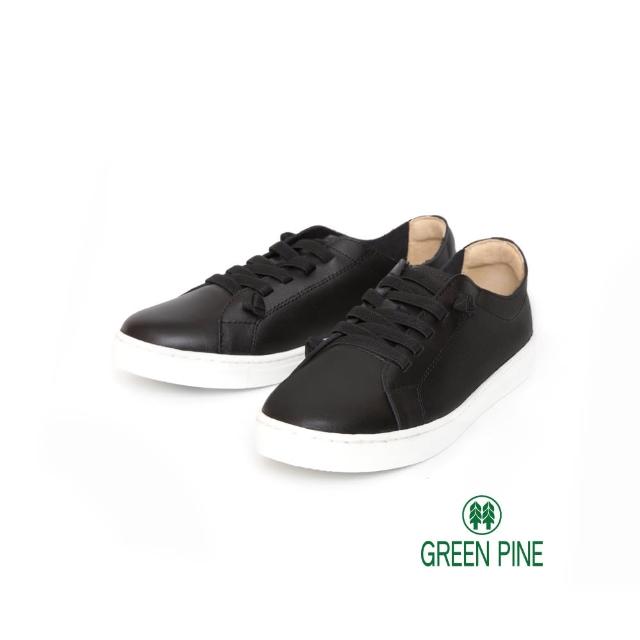 【GREEN PINE】全真皮素色懶人免綁帶休閒鞋(黑色)
