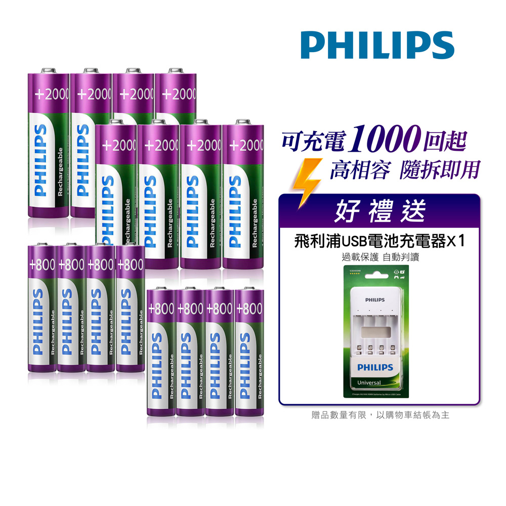 飛利浦充電電池【Philips 飛利浦】低自放鎳氫充電電池3號8入+4號8入(贈USB 4槽智慧型充電器)