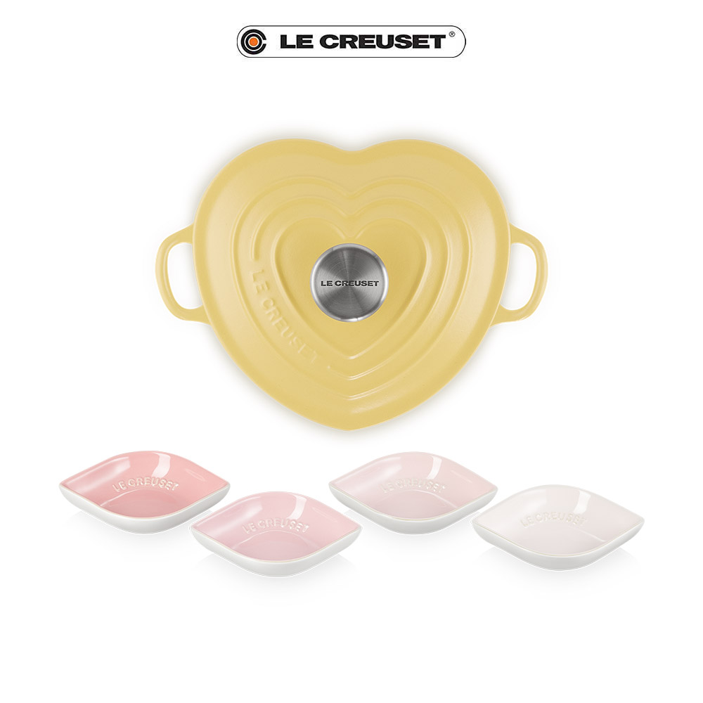 Le Creuset愛心鍋【Le Creuset】琺瑯鑄鐵鍋愛心燉飯鍋含羞草黃20cm(贈櫻之雪花瓣碟4入組)