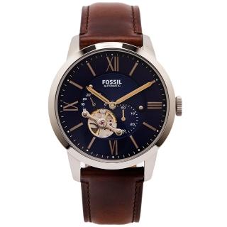 【FOSSIL】簍空設計機械手錶-藍色面x咖啡色/44mm(ME3110)