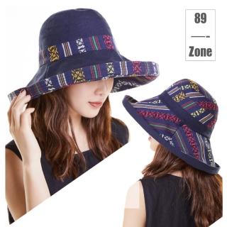 【89 zone】韓版民族風雙面文藝 漁夫帽 太陽帽 防風帽 遮陽帽(藏青)